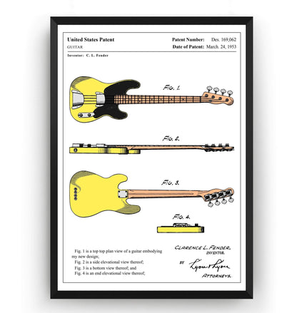 Colourised Fender Telecaster Bass Guitar 1953 Patent Print - Magic Posters