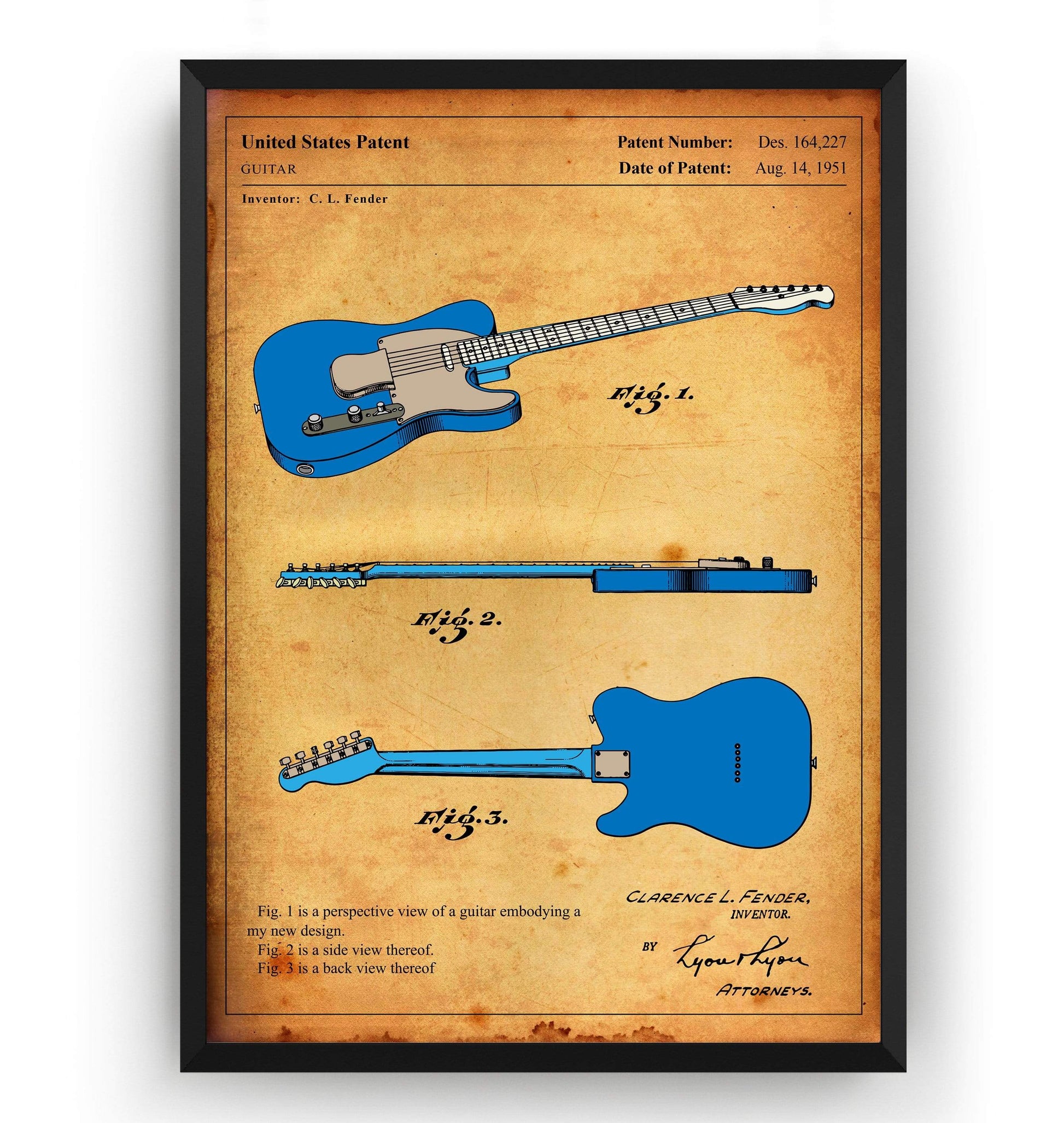 Colourised Fender Telecaster Guitar 1951 Patent Print - Magic Posters