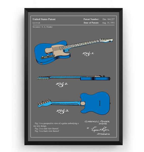 Colourised Fender Telecaster Guitar 1951 Patent Print - Magic Posters