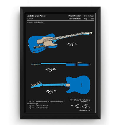 Colourised Fender Telecaster Guitar 1951 Patent Print - Magic Posters