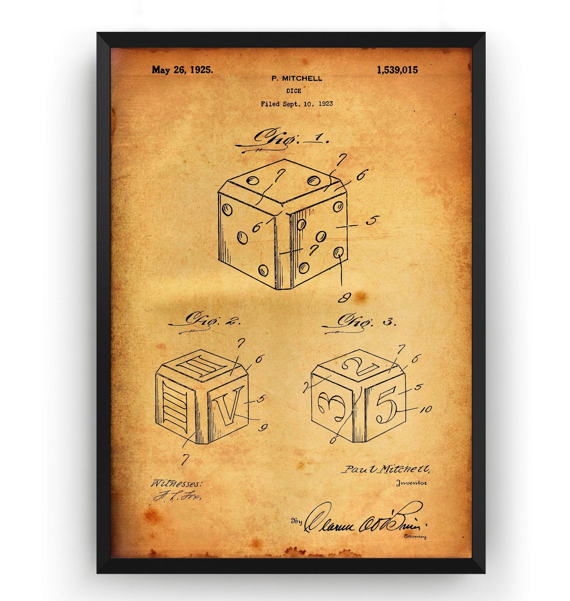Dice 1925 Patent Print - Magic Posters