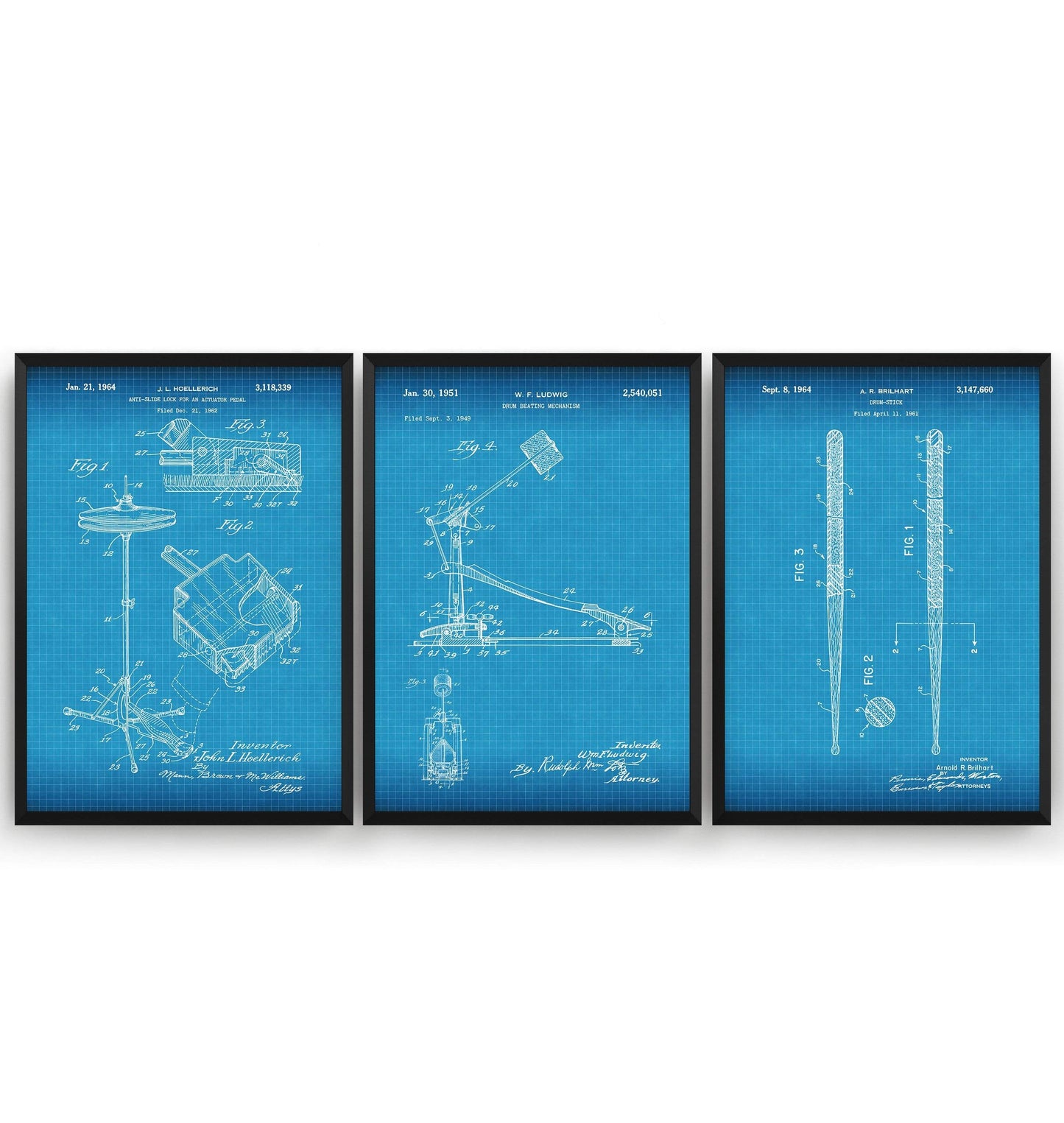 Drummer Set Of 3 Patent Prints - Magic Posters