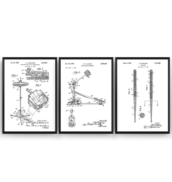 Drummer Set Of 3 Patent Prints - Magic Posters