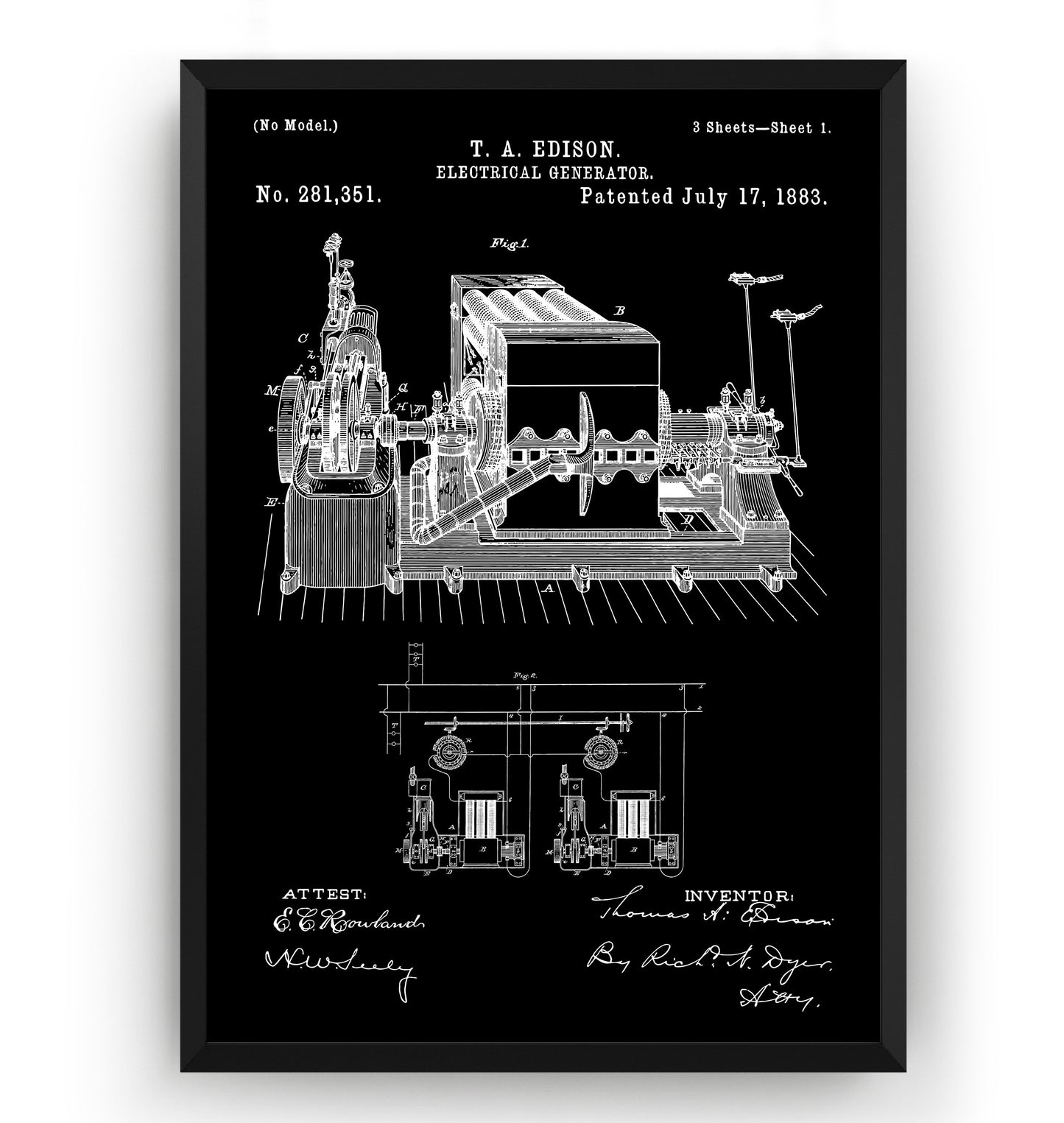 Thomas Edison Electrical Generator 1883 Patent Print - Magic Posters