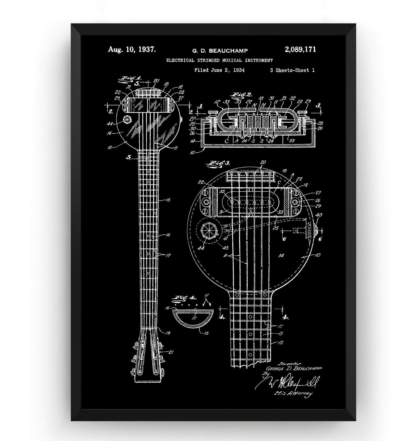 Rickenbacker Ro-Pat-In Frying Pan Electric Guitar Patent Print - Magic Posters