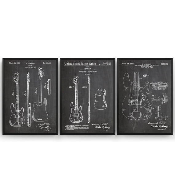 Fender Bass Guitars Set Of 3 Patent Prints - Magic Posters