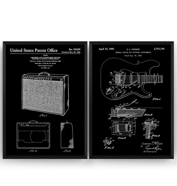 Fender Stratocaster Guitar 1954 + Amplifier 1962 Sets Of 2 Patent Prints - Magic Posters