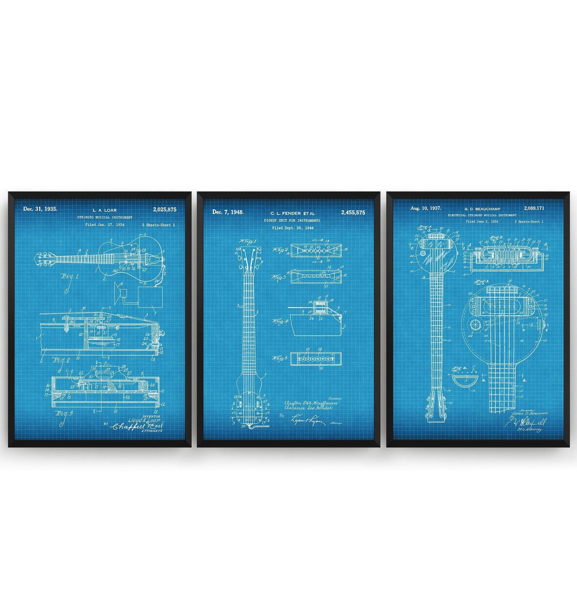 First Electric Guitars Set Of 3 Patent Prints - Magic Posters