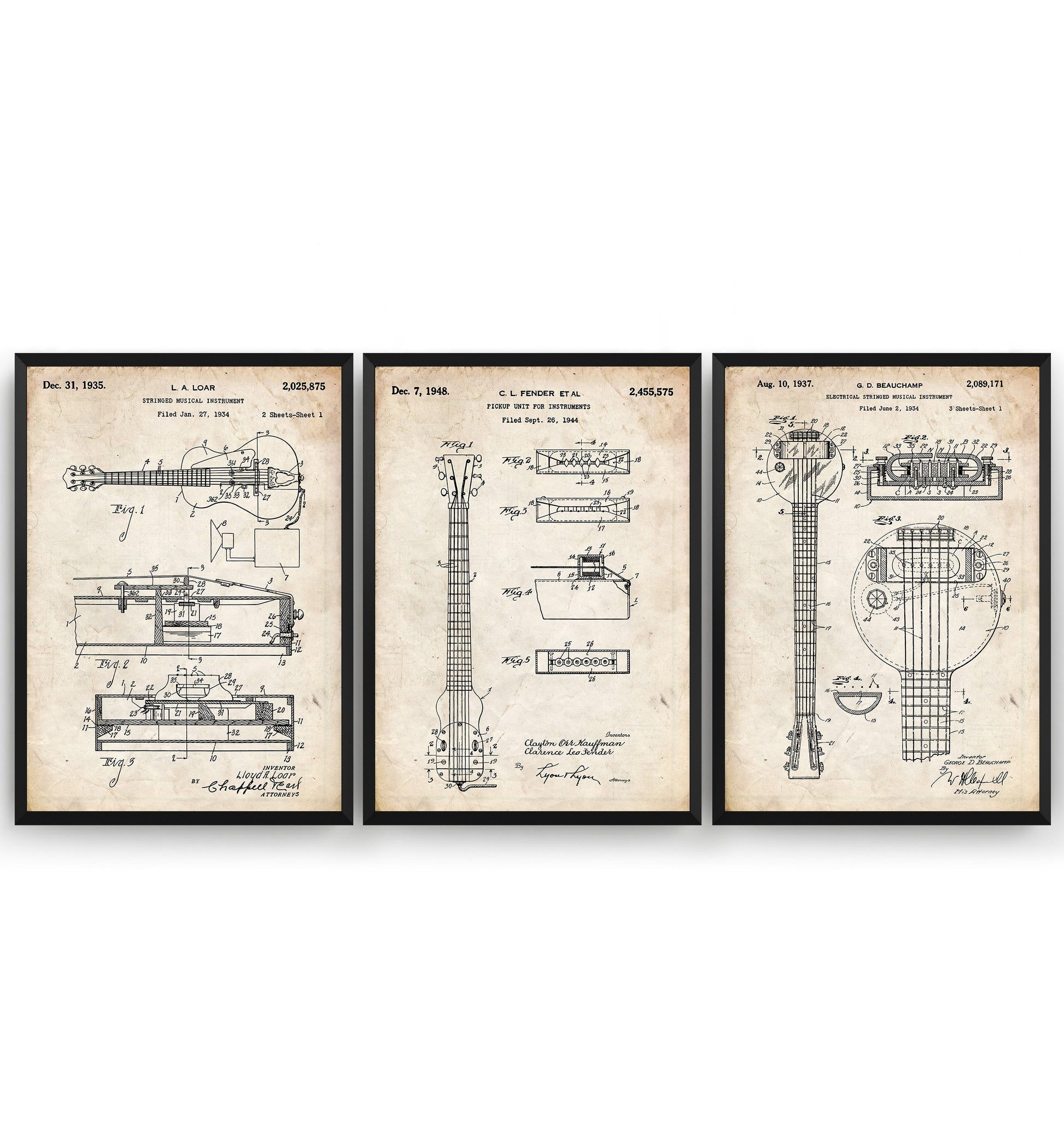 First Electric Guitars Set Of 3 Patent Prints - Magic Posters