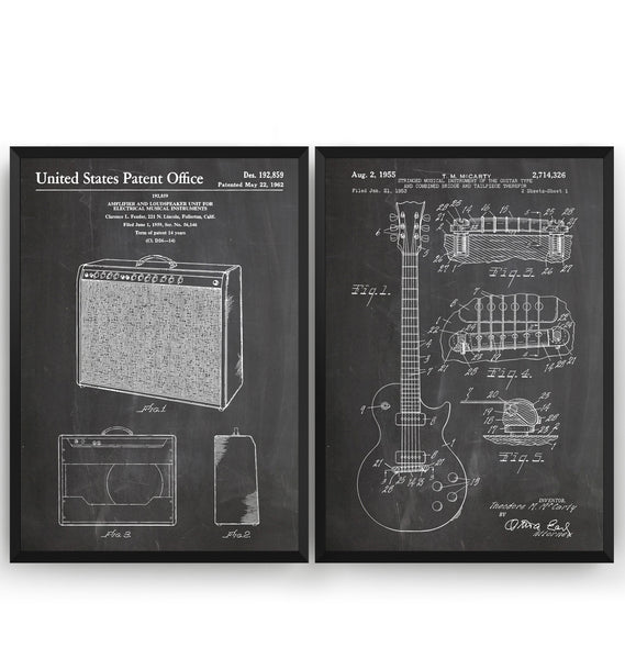 Gibson Les Paul Guitar 1955 + Amplifier 1962 Sets Of 2 Patent Prints - Magic Posters