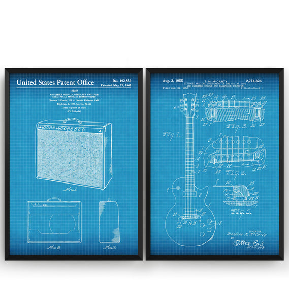 Gibson Les Paul Guitar 1955 + Amplifier 1962 Sets Of 2 Patent Prints - Magic Posters