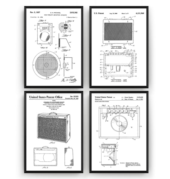 Guitar Amplifier Set Of 4 Patent Prints - Magic Posters