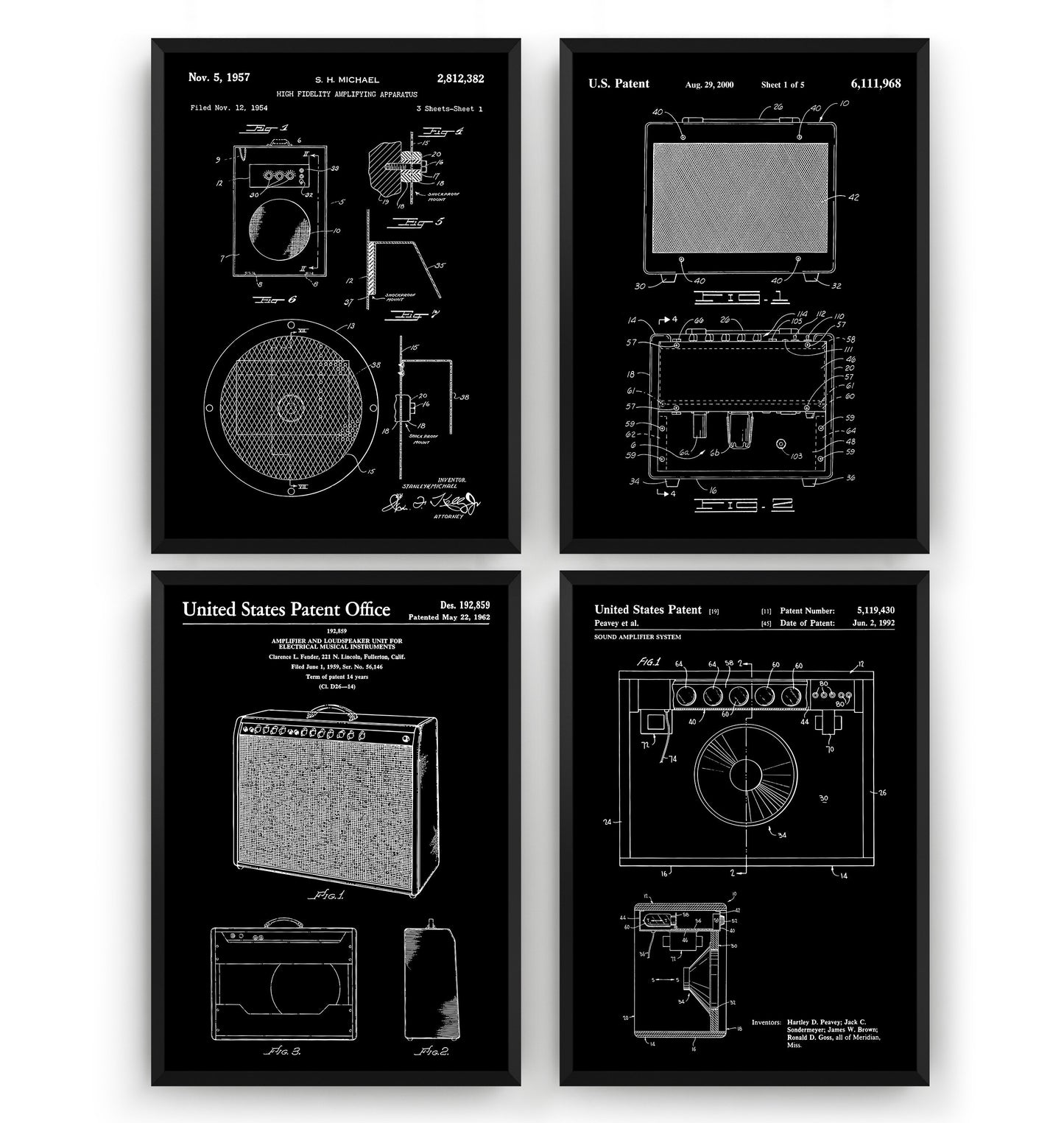 Guitar Amplifier Set Of 4 Patent Prints - Magic Posters