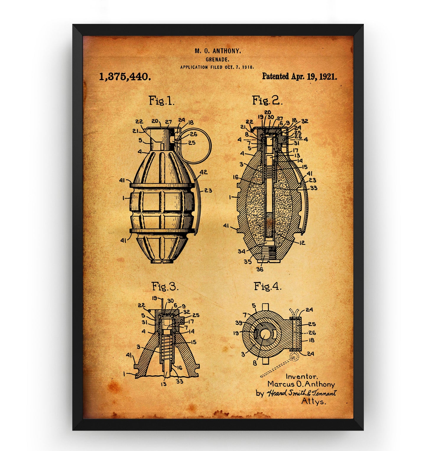 Hand Grenade 1919 Patent Print - Magic Posters