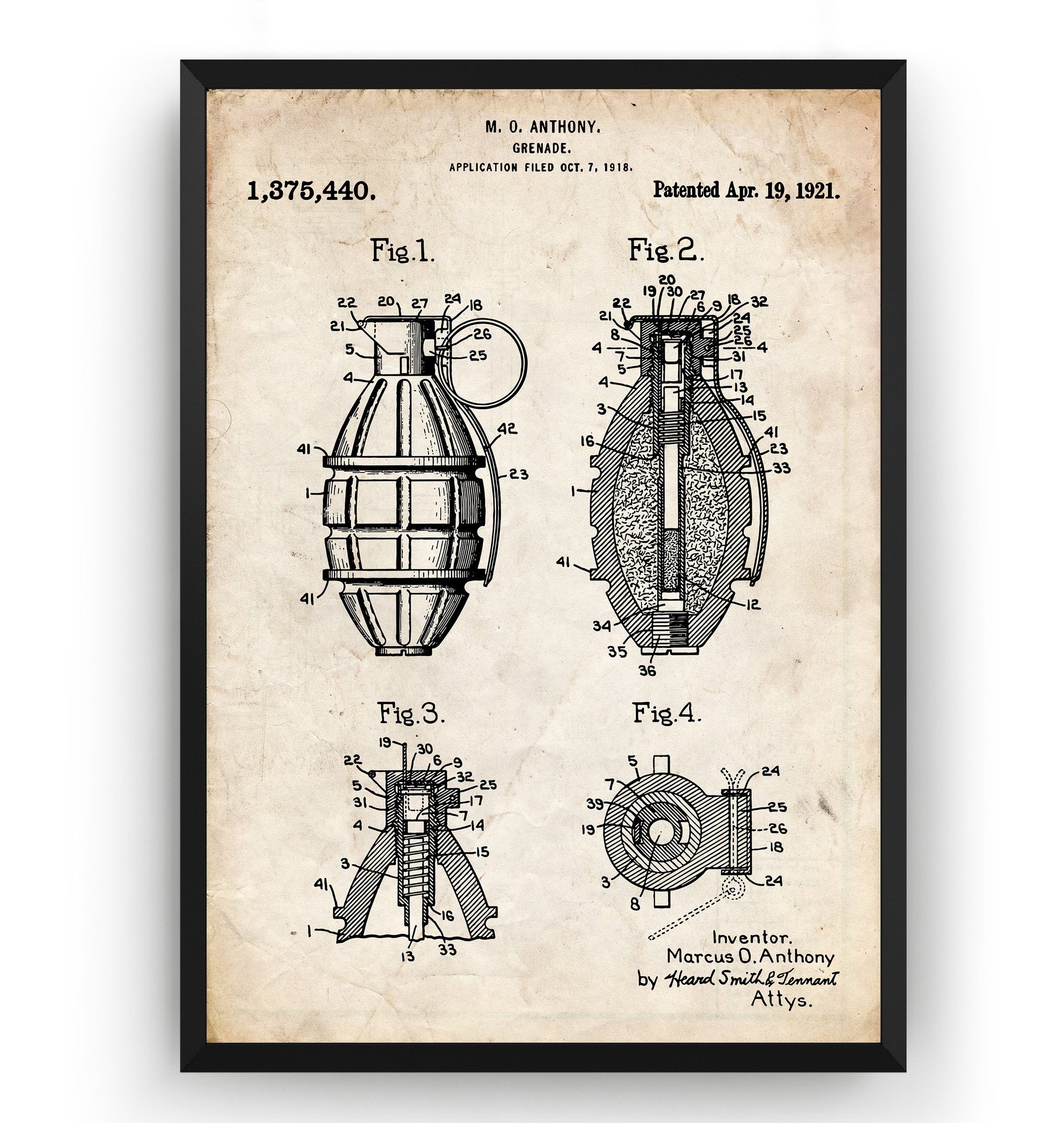 Hand Grenade 1919 Patent Print - Magic Posters
