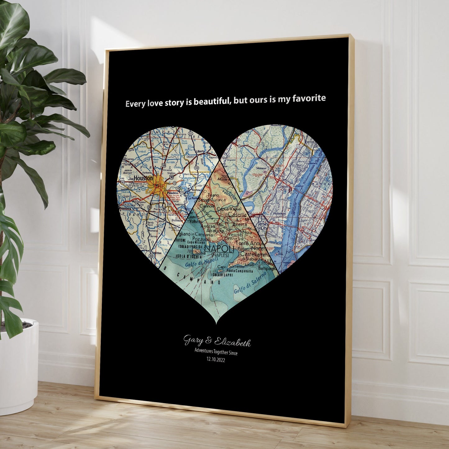 Personalised Heart Map Print Any 3 Locations (Black) - Magic Posters
