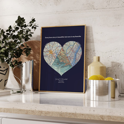Personalised Heart Map Print Any 3 Locations (Navy) - Magic Posters