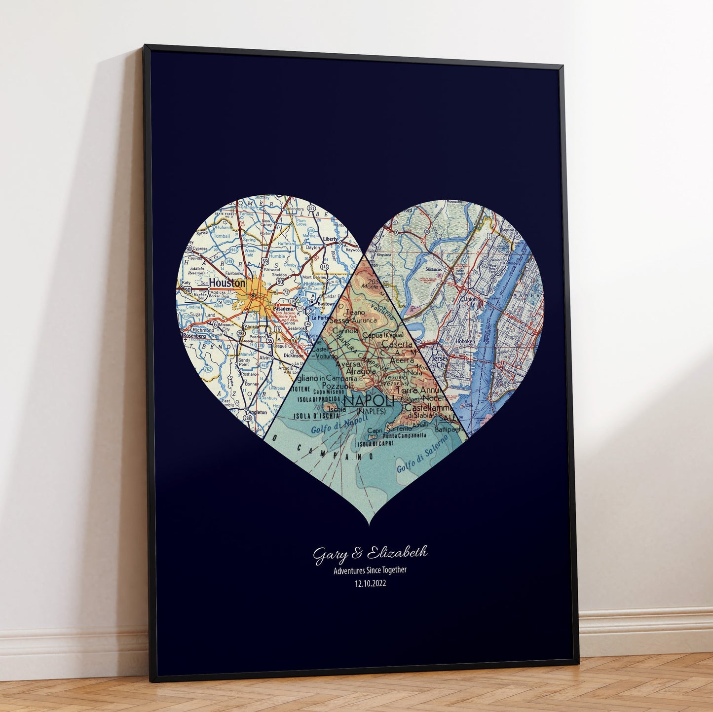 Personalised Heart Map Print Any 3 Locations (Navy) - Magic Posters