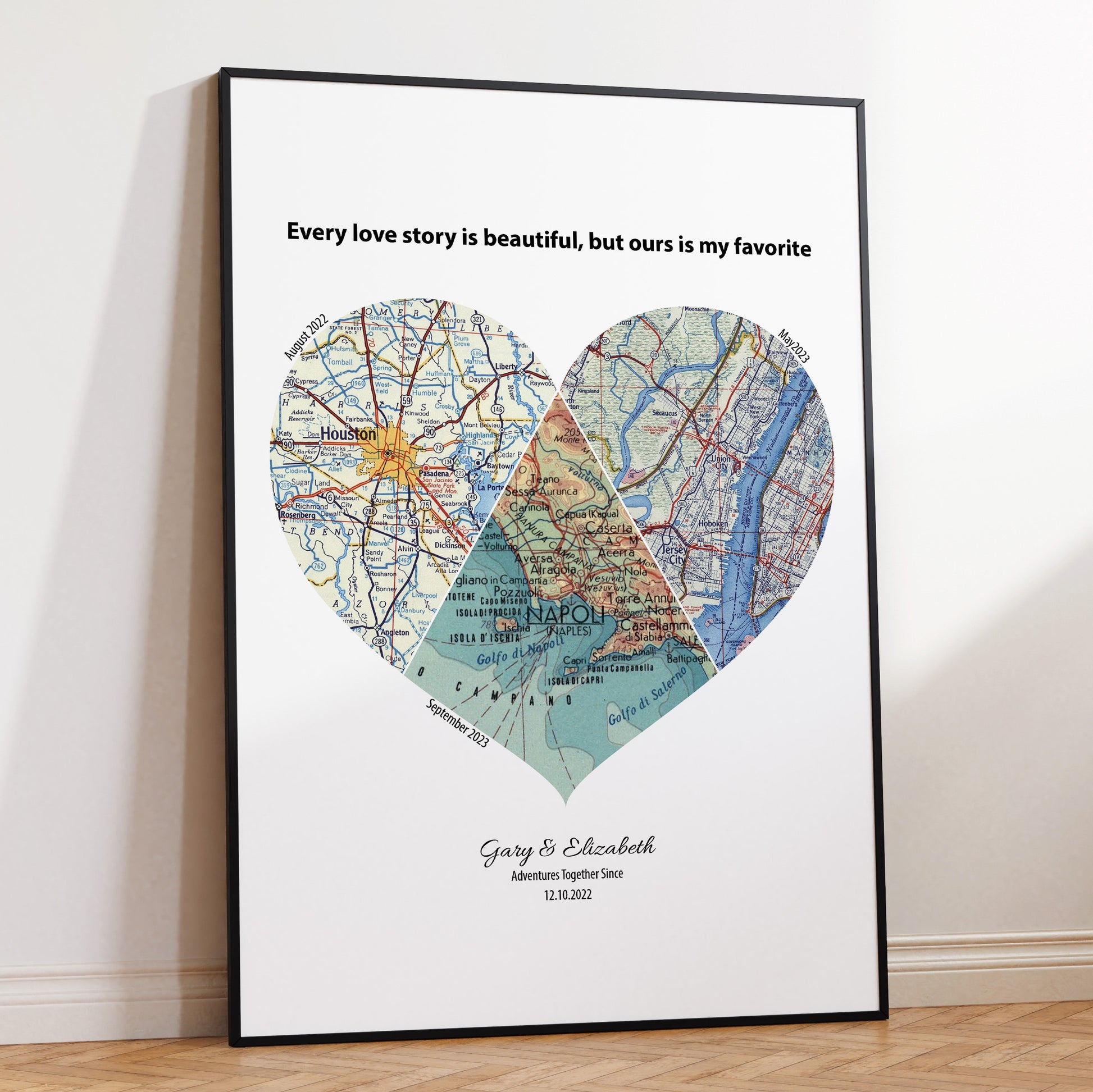 Custom Heart Map Print Any 3 Locations (White) - Magic Posters