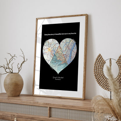 Personalised Heart Map Print Any 3 Locations (Black) - Magic Posters