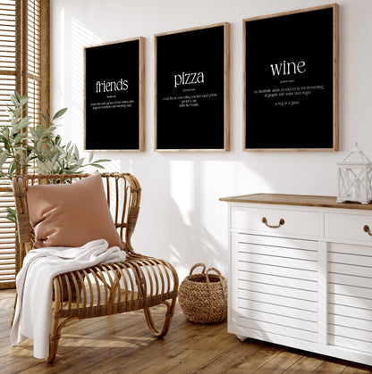Pizza, Wine, Friends Set Of 3 Definition Prints - Magic Posters