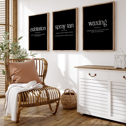 Spray tan, Waxing, Exfoliation Set Of 3 Definition Prints - Magic Posters