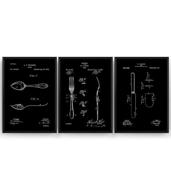 Knife, Fork and Spoon Set Of 3 Patent Prints - Magic Posters