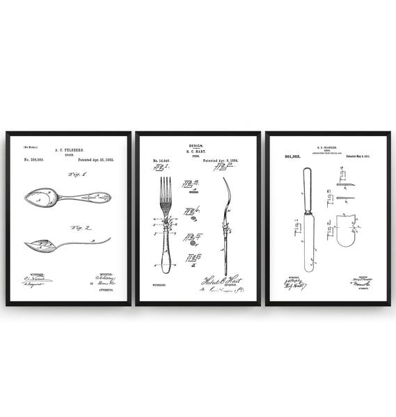 Knife, Fork and Spoon Set Of 3 Patent Prints - Magic Posters