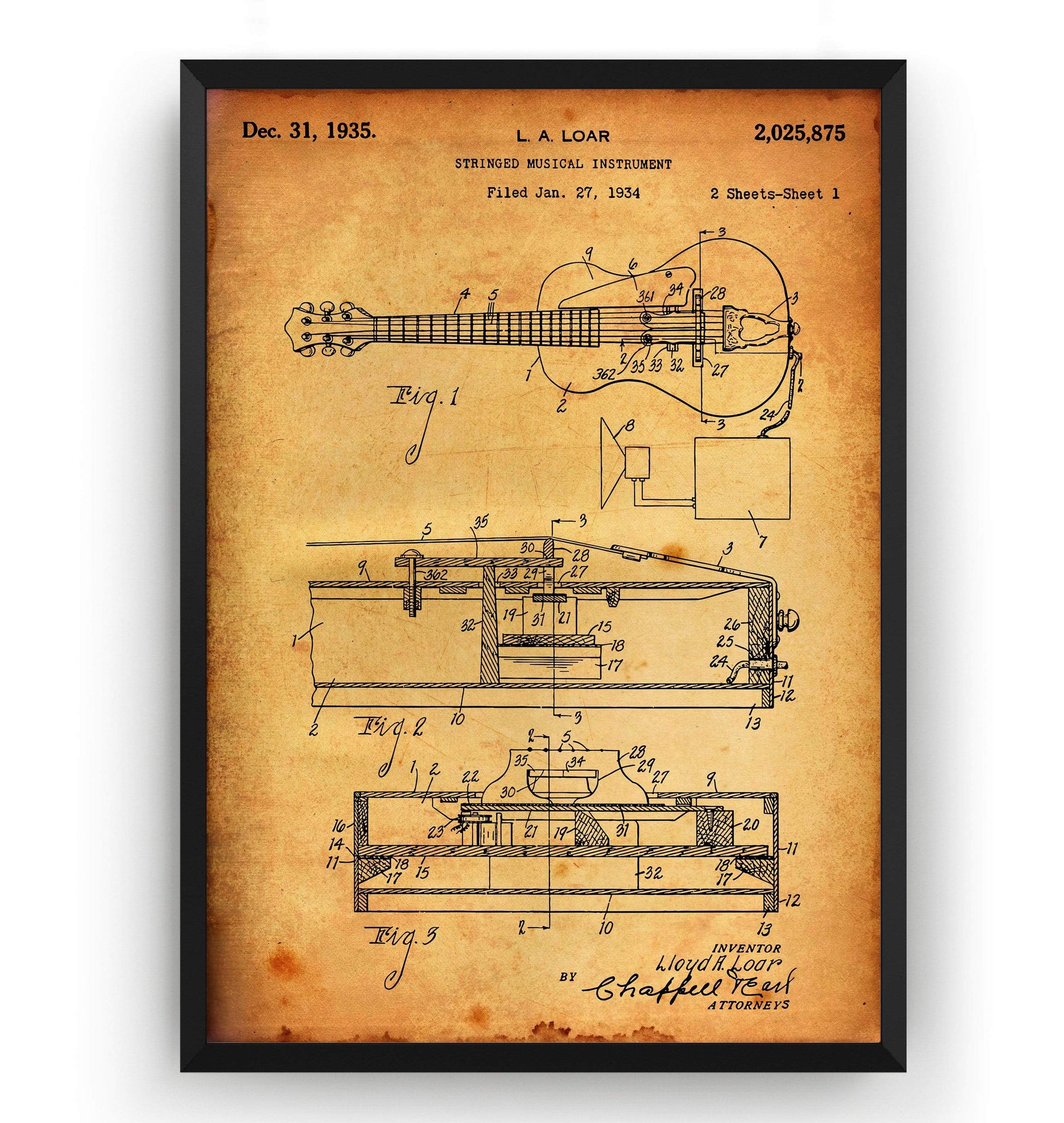 Lloyd Loar Vivitone Guitar 1935 Patent Print - Magic Posters