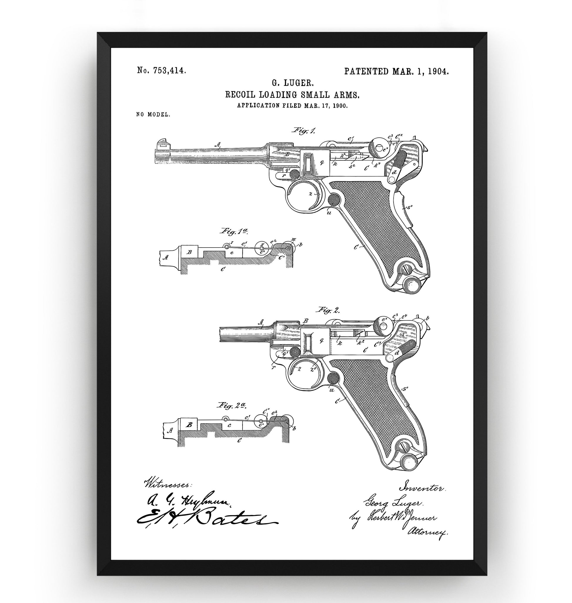 Luger Pistol 1904 Patent Print - Magic Posters