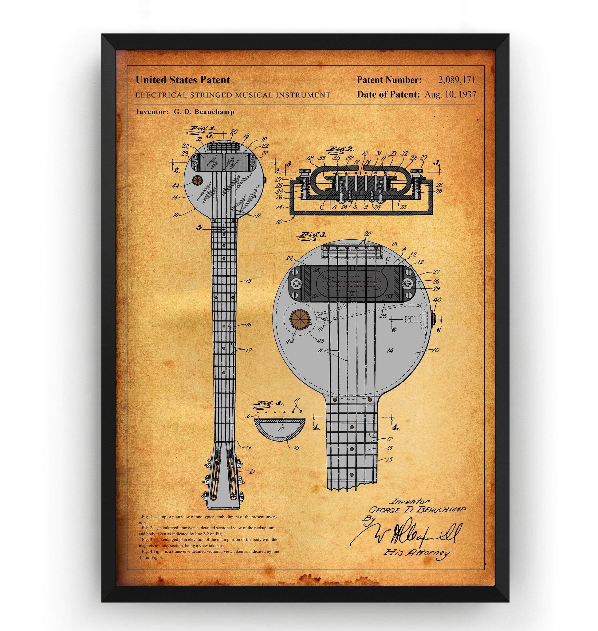 Colourised Rickenbacker Electric Guitar Ro-Pat-In Frying Pan Patent Print - Magic Posters