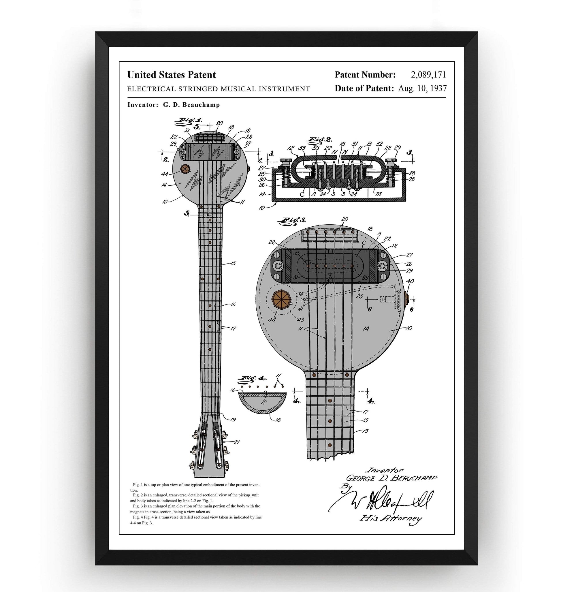 Colourised Rickenbacker Electric Guitar Ro-Pat-In Frying Pan Patent Print - Magic Posters
