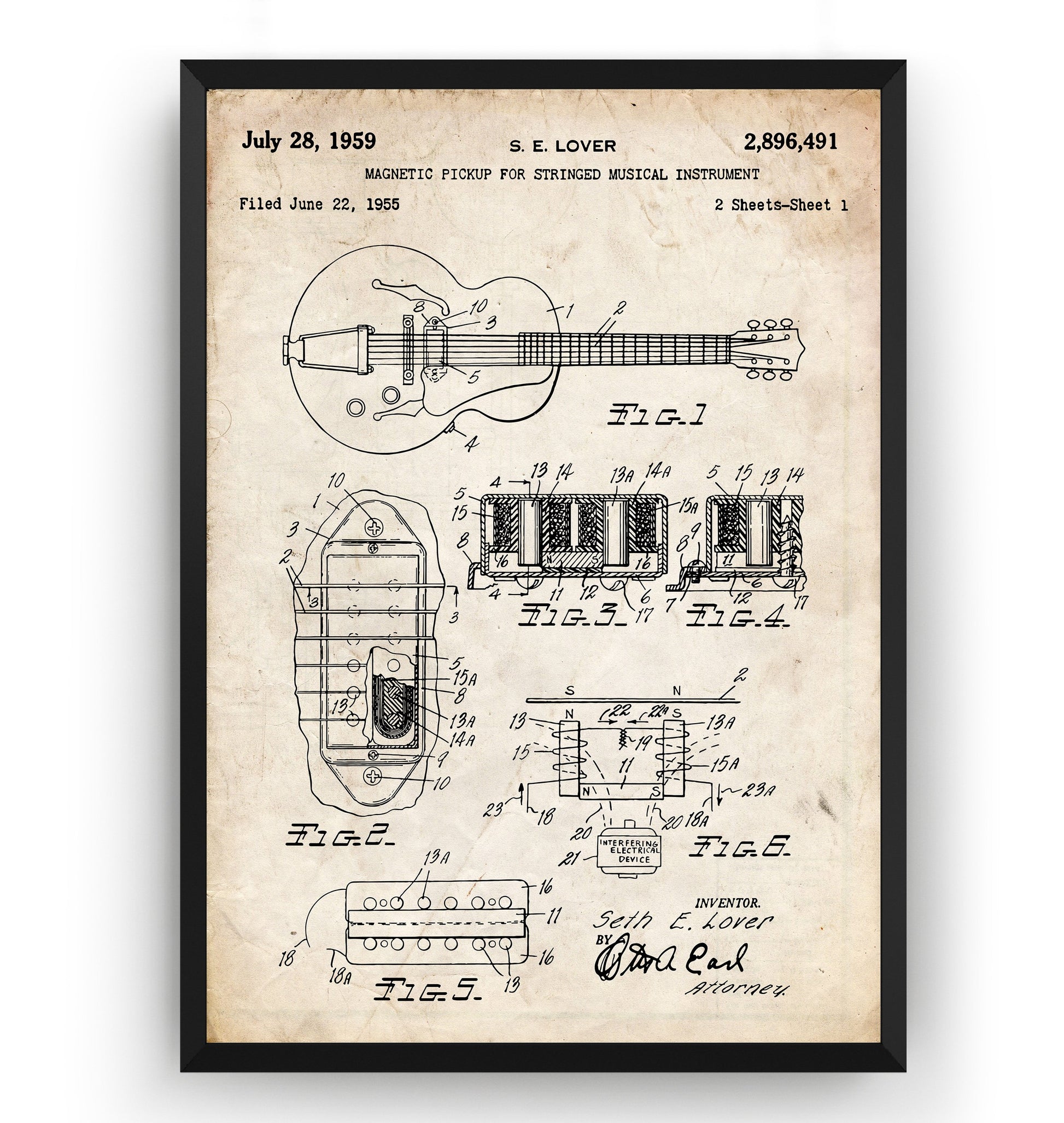 S. E. Lover Humbucker Pickup Broadkaster Guitar 1959 Patent Print - Magic Posters