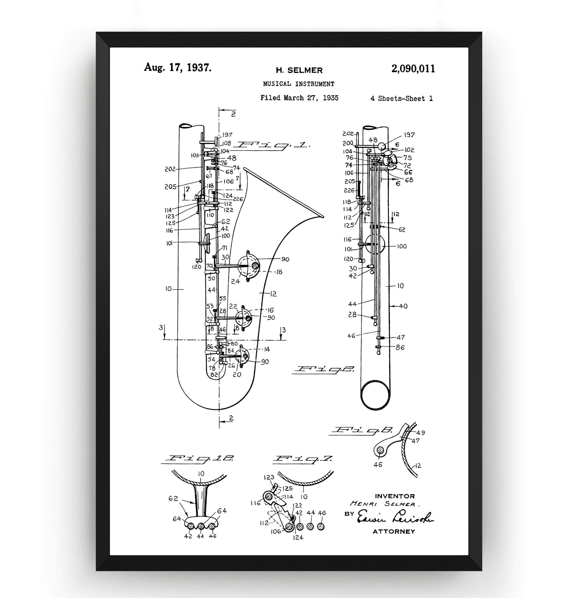 Saxophone 1935 Patent Print - Magic Posters