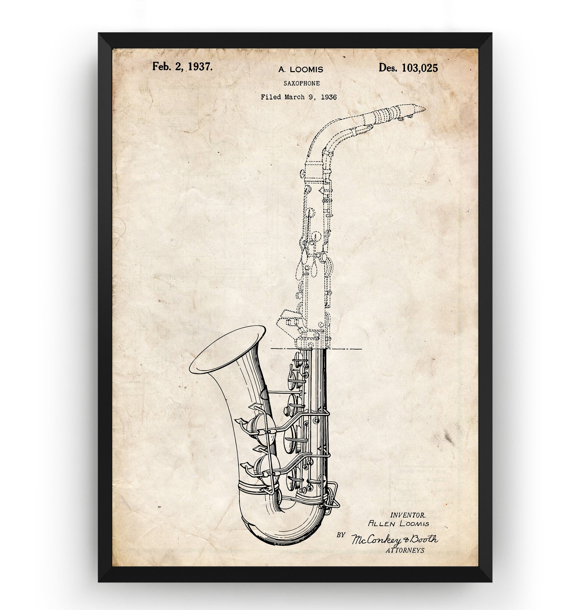 Saxophone 1936 Patent Print - Magic Posters