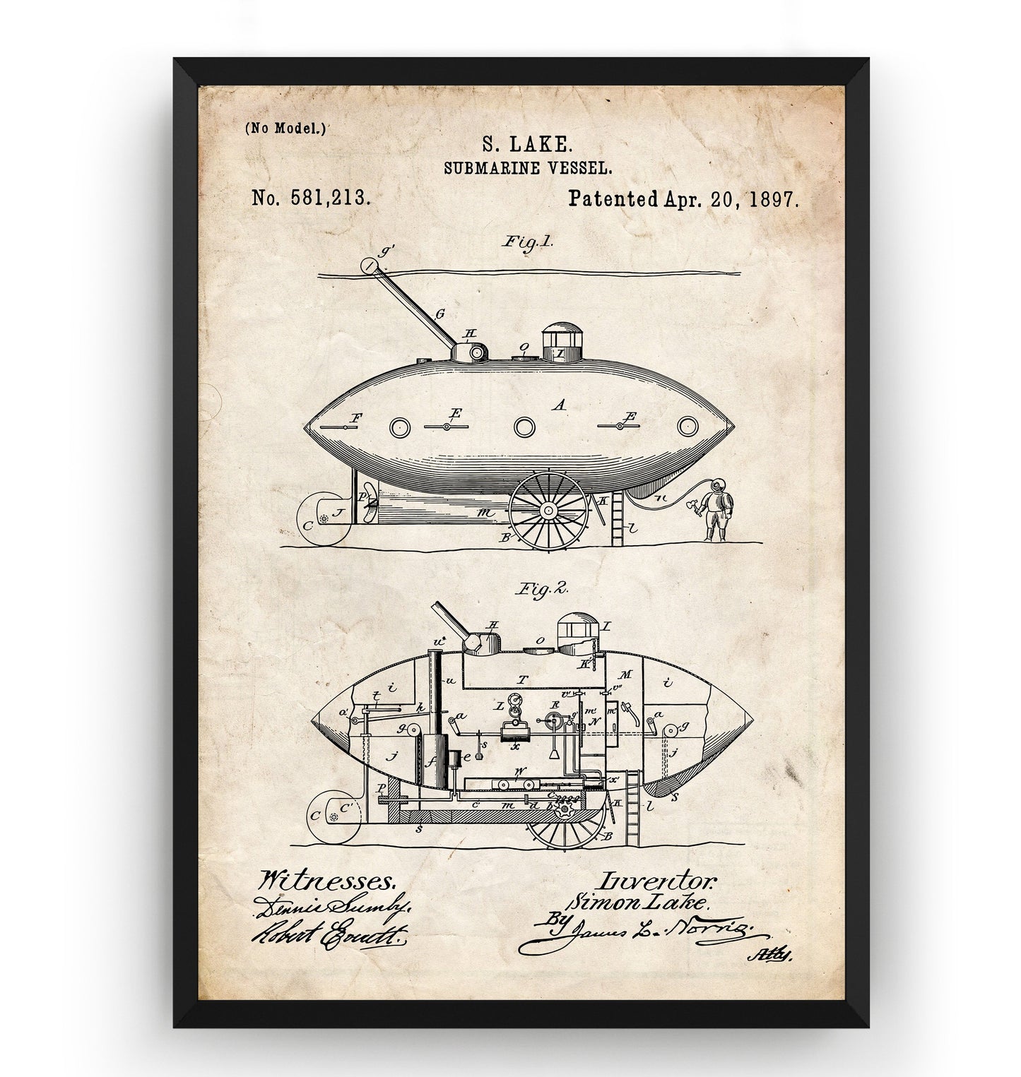 Submarine Vessel 1897 Patent Print - Magic Posters