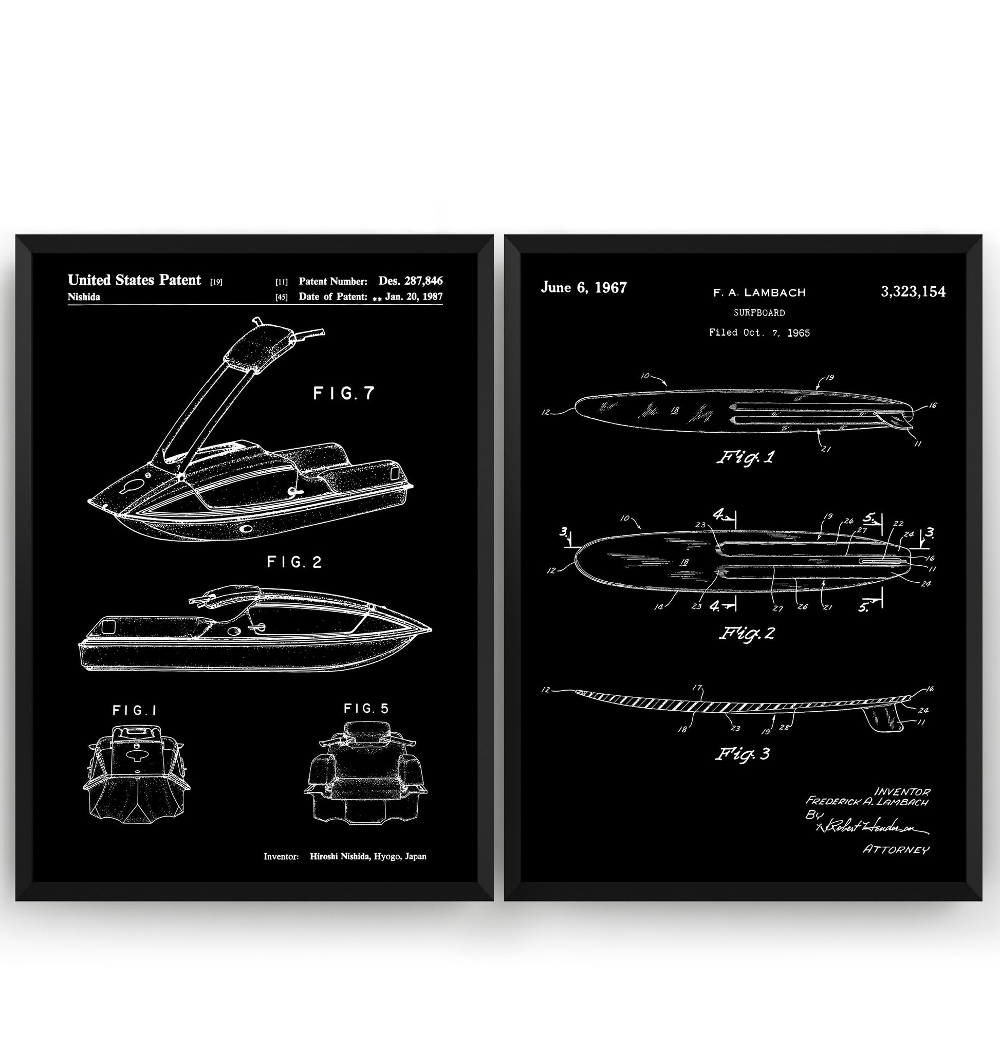 Surfboard And Jet Ski Watersports Set Of 2 Patent Prints - Magic Posters