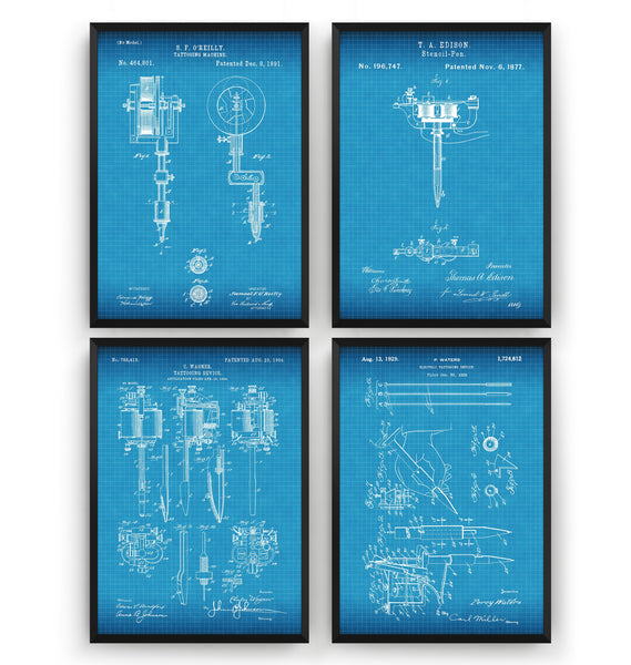 Tattoo Machine Set Of 4 Patent Prints - Magic Posters