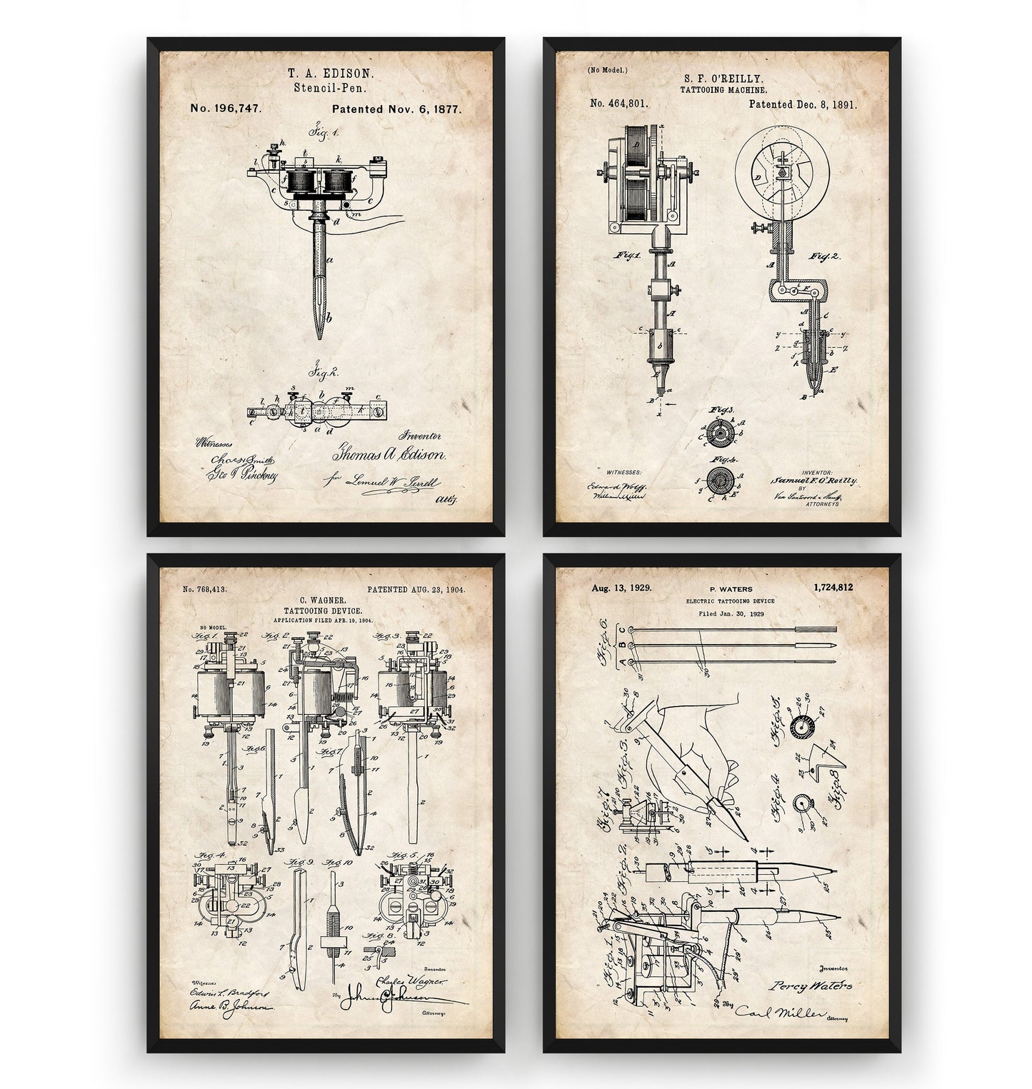 Tattoo Machine Set Of 4 Patent Prints - Magic Posters