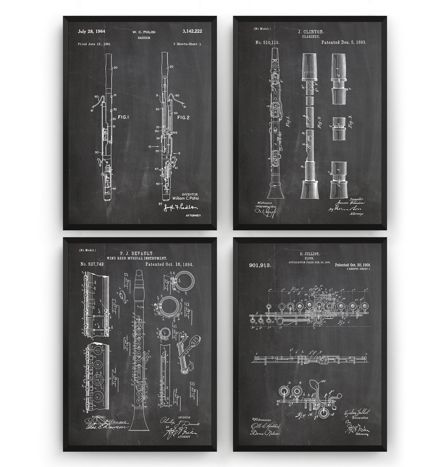 Woodwind Instrument Set Of 4 Patent Prints - Magic Posters