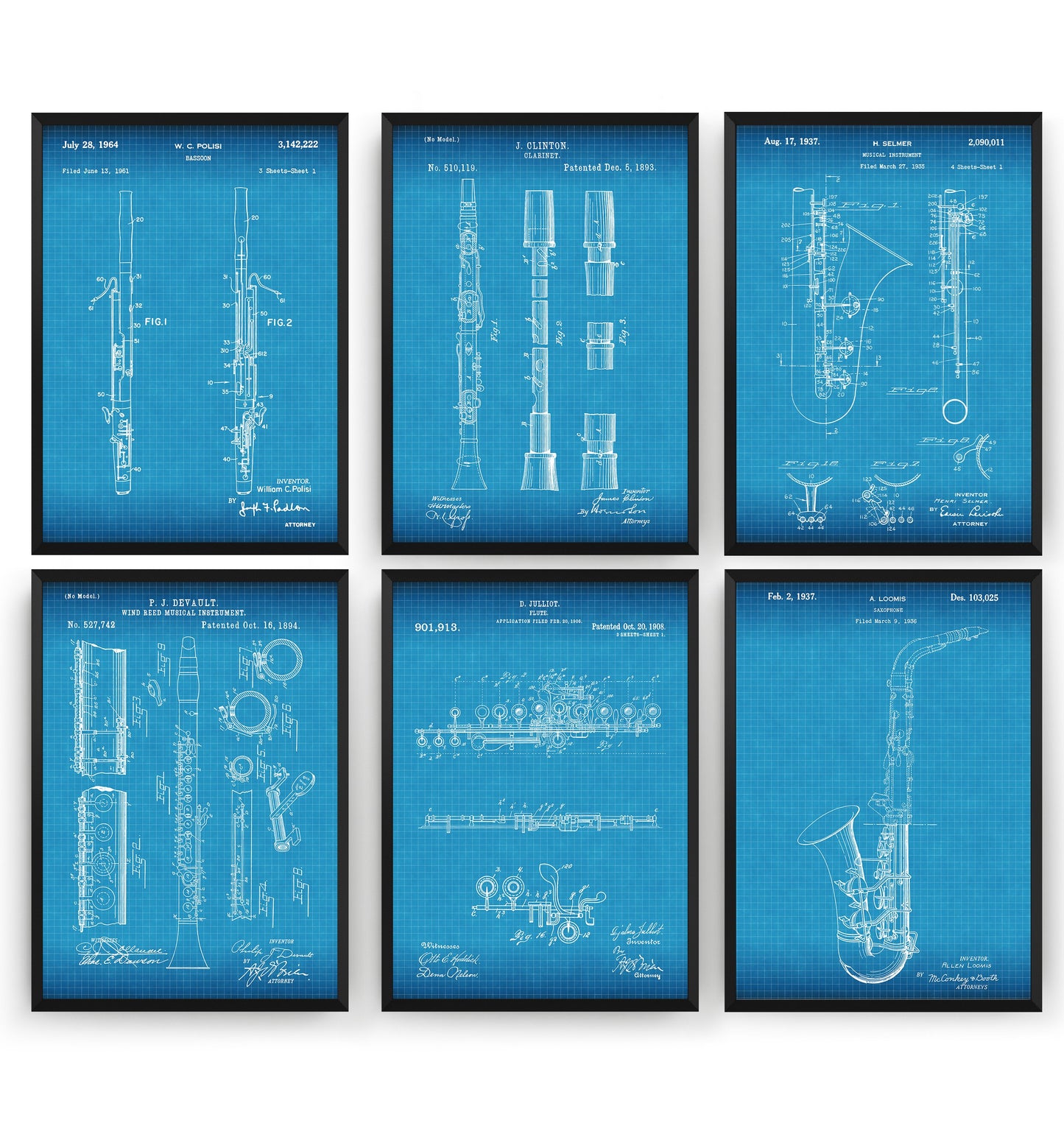 Woodwind Instrument Set Of 6 Patent Prints - Magic Posters