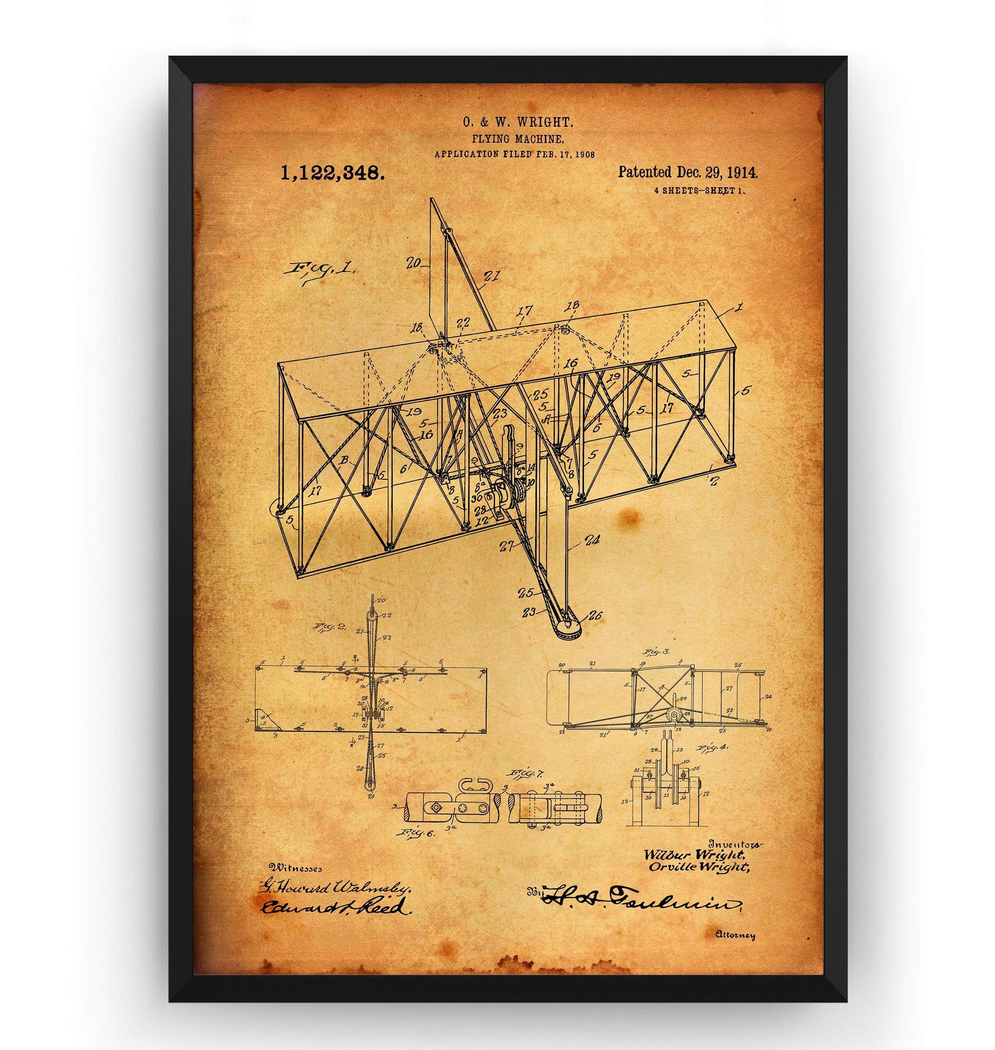 Wright Brothers Flying Machine 1914 Patent Print - Magic Posters